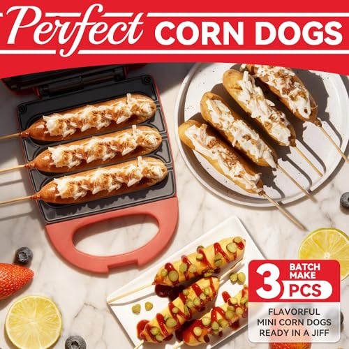 Image of SugarWhisk Electric Corn Dog Maker, Fryer for 3 Mini Corn Dogs on Stick, Cheese Mozzarella Sticks & Treats, Corndog Maker Machine, Hot Dog Machine, Brush Included, Red