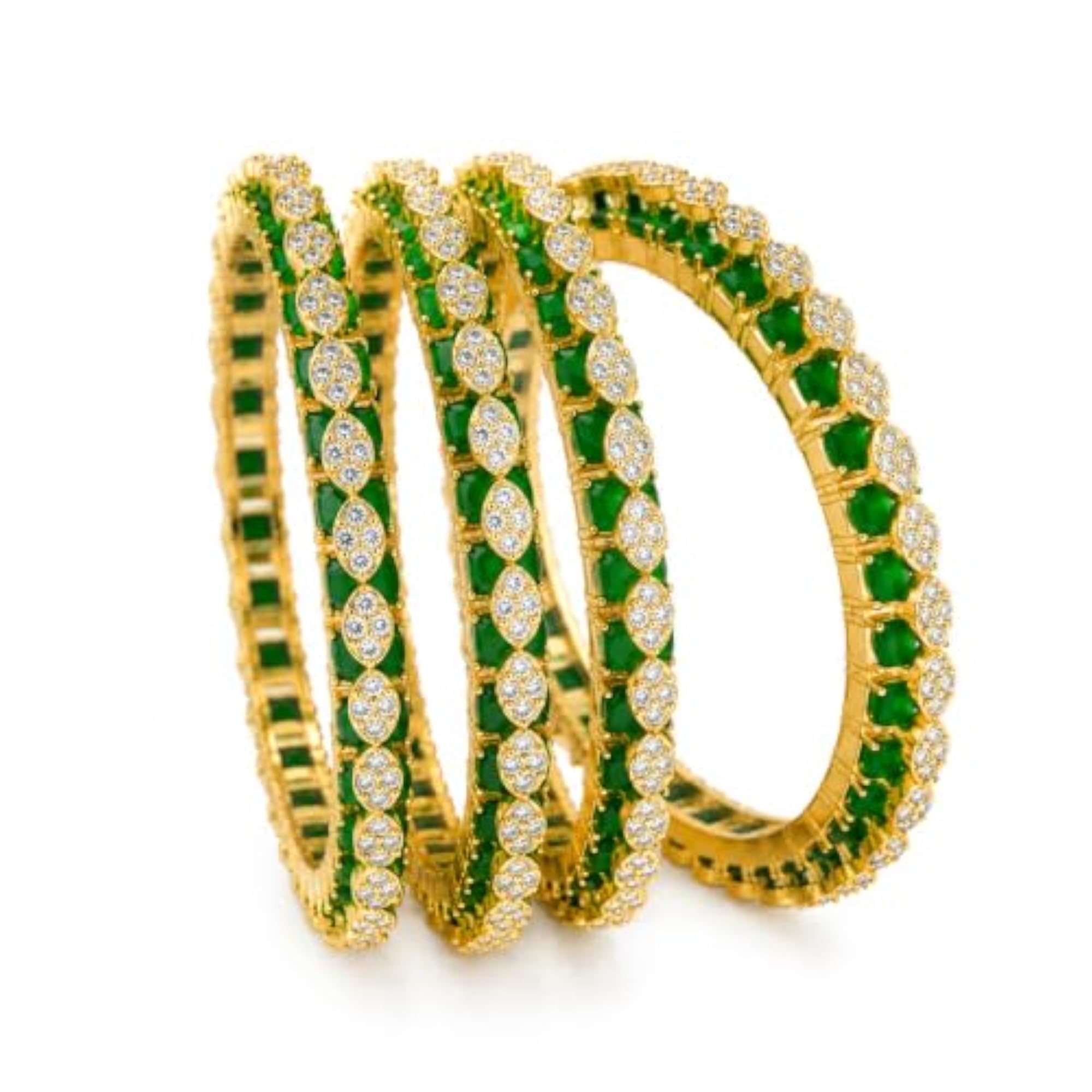 Stunning Gold Finish Green Crystal Designer Bangles, Pack of 4