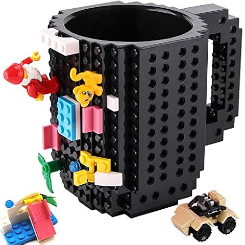 Build-on Brick Mug,Novelty Creative Compatible with Lego DIY Building Blocks Coffee Cup,Fun Mugs,Unique Puzzle Mug with 3 Packs of Bricks,Beverage Pen Cup for Kids/Office By Sinnsally(Black) Cover