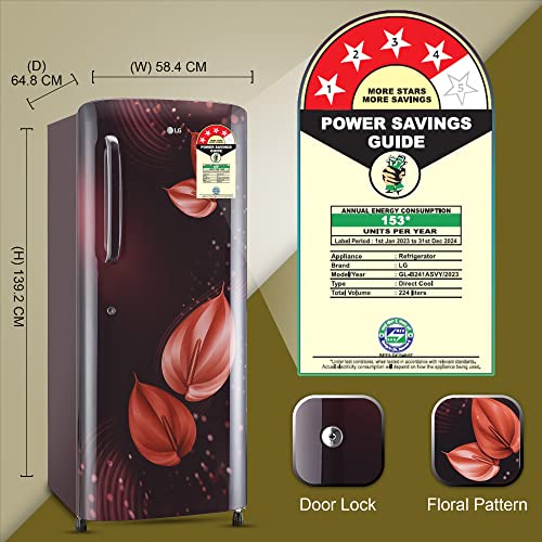 Image of LG 224 L 4 Star Inverter Direct-Cool Single Door Refrigerator Appliance (GL-B241ASVY, Scarlet Victoria, Smart Connect)