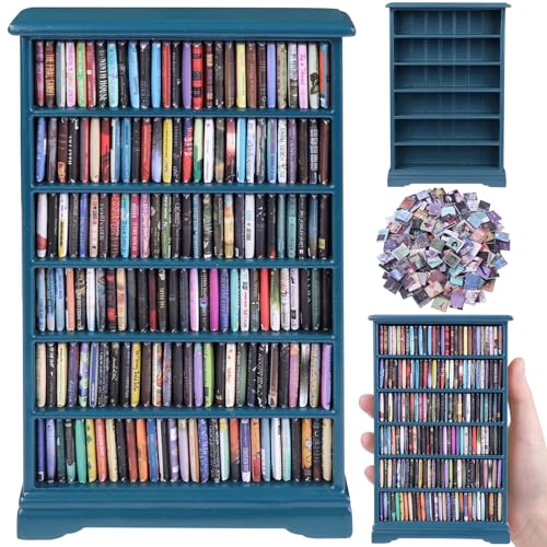 DIYDEC Mini Bookshelf with 180pcs Mini Books Miniature Blue Bookshelf Ornament Tiny Small Library Decor Shake Away Your Anxiety for Book Lovers Gift Home Room Office