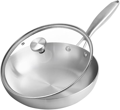 フライパン 炒め鍋 ステンレス鋼 コーティングされていない ガス火/IH対応 焦げ付き防止パン 調理のためのプロのグレードのパン 水切りラック付きです フライパン 22/24/26/28cm (蓋付き,22cm)