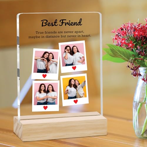 Image of Giftplease Customized Friends Plaque with Wooden Stand | Personalized Photo Frame with Quote | Best Friend Birthday Gift, Farewell Gift, Friendship Day Gift for BFF Keepsake Room Decor FR 06
