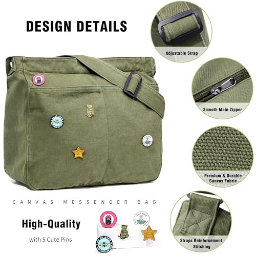 Captain Blues Canvas Messenger Bag, Große Kuriertasche mit Multi-Pockets, Canvas Tasche Shoulder Bag für Damen & Herren, Messenger Bags School Y2K (Grün)