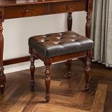 JESONVID Solid Wood Vanity Bench Stool with Padded Seat, Upholstered Piano Bench with Carved Rustic Legs Breathable Leather Tufted Foot Stool Footrest,18.89x 18.5 x 14.17in, Brown