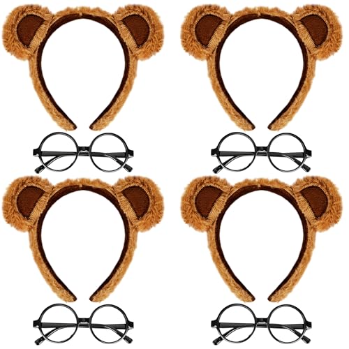 Drayear 4 Pack Plush Chipmunk Ears Headband and 4 Black Round Frame Glasses Chipmunk Costume Set for Halloween Costume Accessory Cosplay Party Favors