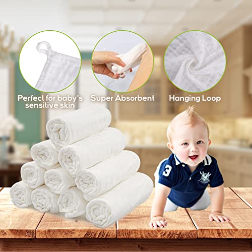 Joysiya 100% Cotton Muslin Burp Cloths for Baby 10 Pack of Large 20" x 10" Soft and Absorbent Washcloths for Boys and Girls White2