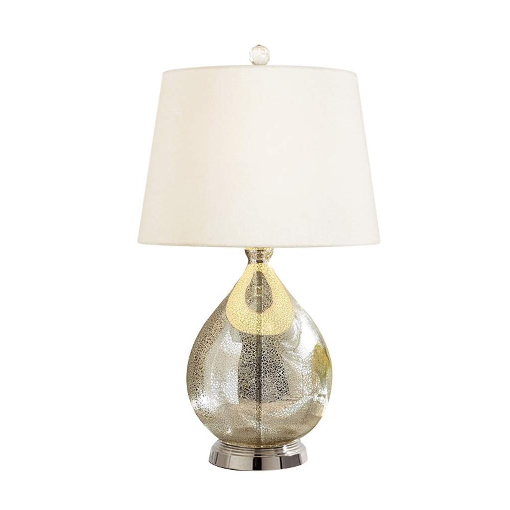 Desk Lamp Mercury Glass Gourd Table Lamp, 22", Classic Silver American E27 Desk Lamp Bedroom Bedside Lamp Power Switch Button Linen Lampshade