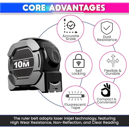 Image of Geek Lab 10 Meter Measuring Tape with Auto-Locking and Retracting Feature, Heavy Duty Unbreakable ABS Case with Belt Clip- One-Man Operation, Measure in Inch & Centimeters.