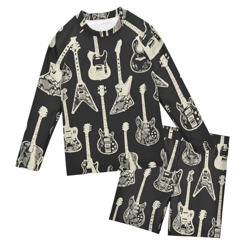 Aflyko Boys 2-Piece Swimwear Electric Acoustic Guitar Rashguard Set Swim Trunks with Shirt Soft Fabric Board Shorts Comfy for Everyday Swimmer, 5-6T Multicoloured