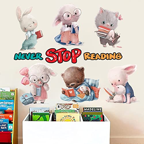 Reading Wall Decals Colorful Inspirational Wall Decal Peel And Stick Bear Forest Animals Wall Stickers Reading Books Wall Sticker For Nursery Classroom Playroom Kids Baby Bedroom Study Room Decor Gift #TOP6
