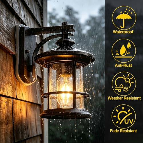 Image of MICSIU 2 Pack Oil Rubbed Bronze Outdoor Wall Light, 10 Inch Rustic Cottage | Max 100W Metal Round Exterior Sconce with Clear Seedy Glass, WaterWroof Porch Light for Entryway, Garage, Bathroom