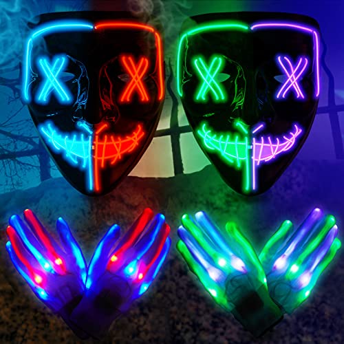 Halloween Purge Mask LED Gloves Set [6PACK] LED Light Up Mask Scary Mask with LED Skeleton Gloves for Halloween Costume Halloween Festival Party Festival Cosplay.