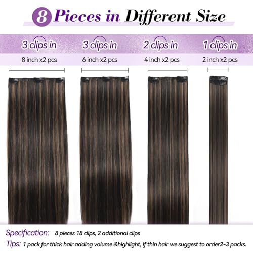 Image of Clip in Hair Extensions Real Human Hair 18 inch 100g /3.6oz Straight Seamless Invisible Human hair Extensions Clip ins for Women Double Weft 8pcs Balayage Black Brown Highlight Chestnut Brown