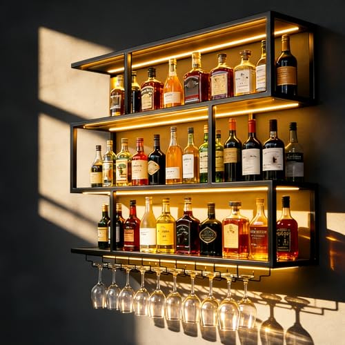 Large Wall Mounted Wine Rack with LED Light, Metal 4 Tier Floating Wine Shelf with Glass Holder, Industrial Bar Shelf Wall Mounted & Liquor Shelf Wall Mounted for Home Bar Kitchen(47.2in/120cm)