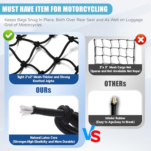 TKKEUEP 2 Pack 15\"X15\" Motorcycle Cargo Net Stretches to 30\"x30\", 2\"x2\" Tight Mesh,Total 20 Hooks, Cargo Nets for Motorcycle Luggage Bike Basket, Luggage Rack ATV Rack Snowmobile Cargo Helmet Net - Thumbnail 4