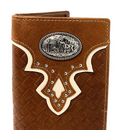 Western Genuine Leather Basketweave Praying Cowboy Metal Concho Mens Long Bifold Wallet in 2 Color (Brown)2
