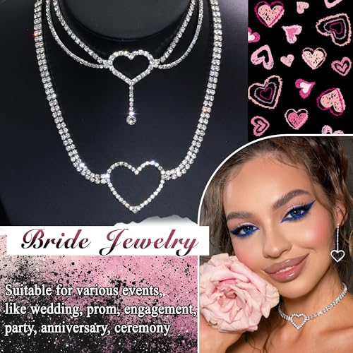SAWINDA Rhinestone Heart Jewelry Set Silver Heart Choker Necklace Teardrop Bracelet and Earrings Sparkly Crystal Diamond Jewelry for Women Wedding Party