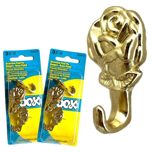6 Rose Pin Hooks Picture Hanging Nails Push Pin Thumb Tack Hangers Home School Office Wall Wood Corkboard Drywall Keys Decorative Brass Plated Gold Color No Tool Needed
