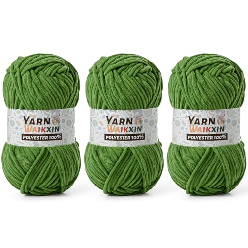 Image of 3 Pack Soft Chenille Yarn for Crocheting, Fluffy Chunky Crochet Yarn for Baby Blanket, (5.29oz /196.8yds) Fuzzy Velvet Yarn for Amigurumi&DIY Puzzle、Crafts、Scarf(3 Army Green)