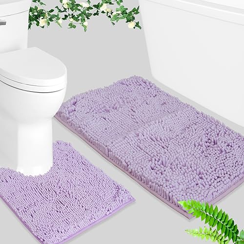 Image of BOANKODU Bath Mat Set, 2-Piece Very Soft Chenille Bathroom Rugs, Non-Slip, Machine Washable (Lavender, 32x20 Inch U-Shaped + 20x20 Inch)