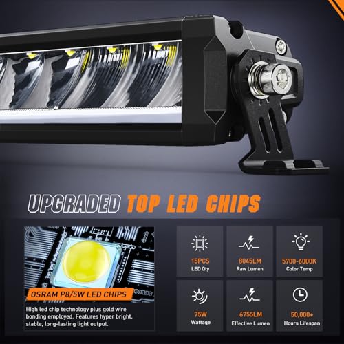 Image of Nilight LED Light Bar with Amber DRL 15.5 Inch Single Row 60W 6650LM Light | Anti-Glare Flood Spot Combo Offroad Driving Lights IP68 w / 16AWG DT Wiring Kit for Pickup Truck SUV ATV UTV Boat 4x4 Jeep