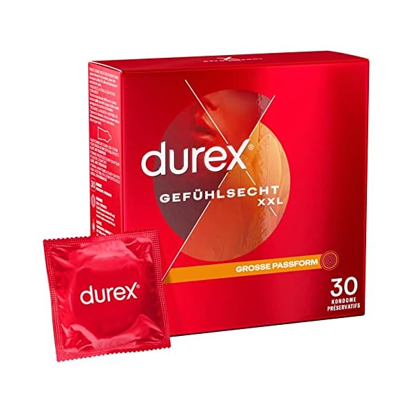 Durex Gefühlsecht XXL Kondome – Dünne Kondome mit großer Passform & mit Silikongleitgel befeuchtet, transparent, angenehmer Geruch - für einen komfortablen Sit – 30er Pack (1 x 30 Stück)