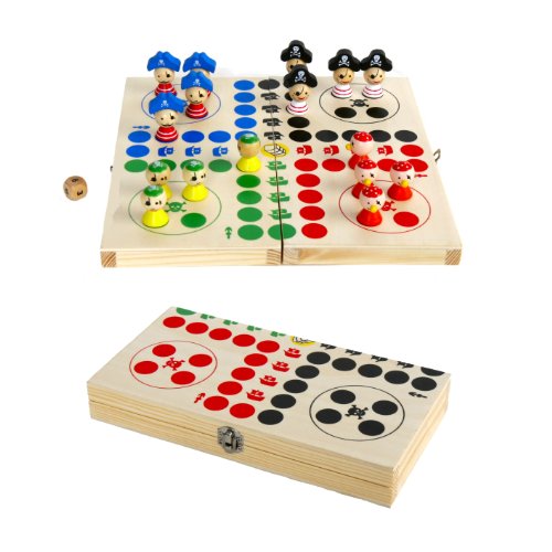 Preisvergleich Produktbild Michel Toys Brettspiel-Set 25x25cm aus Holz, Spielbrett zusammenklappbar (Piraten-Kapernfahrt)