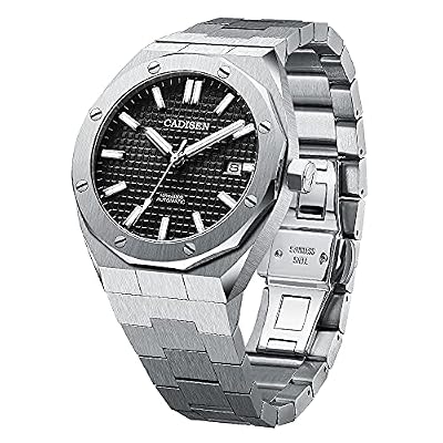 Cadisen - Orologio automatico da uomo in vetro zaffiro, impermeabile fino a 100 m, orologio da polso, Griglia nera., 42MM