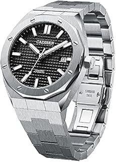 CADISEN Automatik Uhr Herren Saphirglas 100M Wasserdicht Armbanduhr (Schwarzes Gitter)