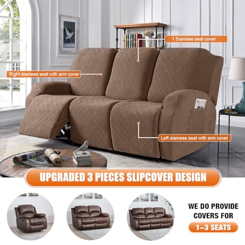 Image of VANSOFY Recliner Cover, 3-Pieces Stretch Reclining Couch Covers with Pockets Reclining Sofa Slipcovers 3 Seater Soft Washable Furniture Protector for Dogs Cats(Light Coffee)