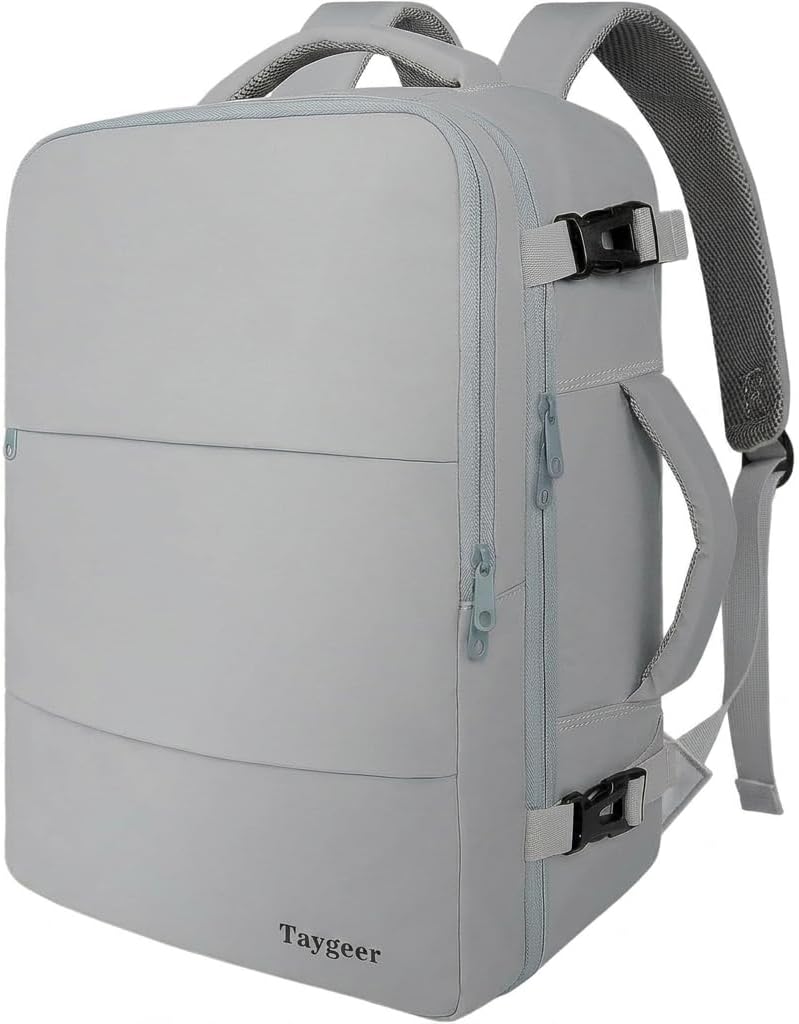 Mochila Taygeer Carry On, mochila de viaje para mujer con bolsillo para botella de agua | Mochila para ordenador portátil de 15,6 pulgadas, aprobada por vuelo con bolsa para zapatos, bolsa de mano para profesores universitarios para suministros de viajes de negocios, gris