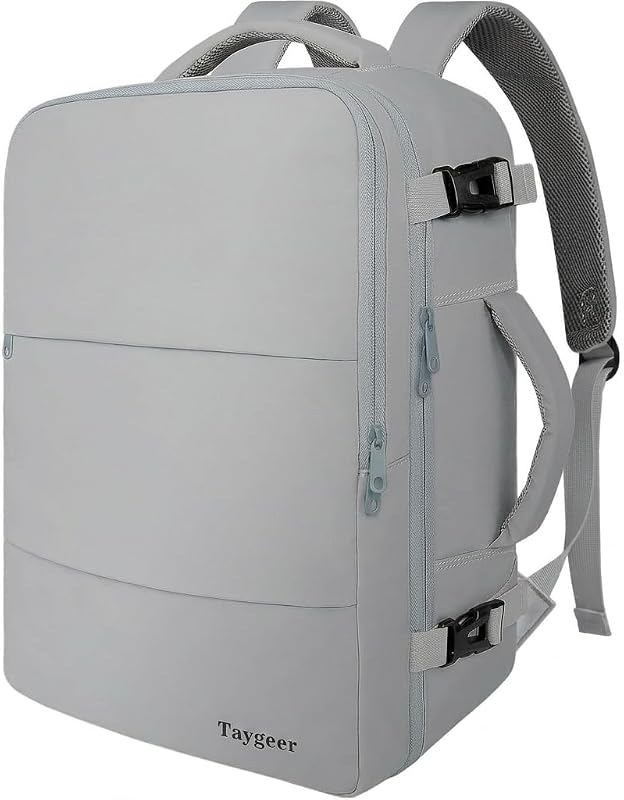 Mochila Taygeer Carry On, mochila de viaje para mujer con bolsillo para botella de agua | Mochila para computadora portátil de 15,6 pulgadas, aprobada por vuelo con bolsa para zapatos, bolsa de mano para profesores universitarios para suministros de viajes de negocios, gris