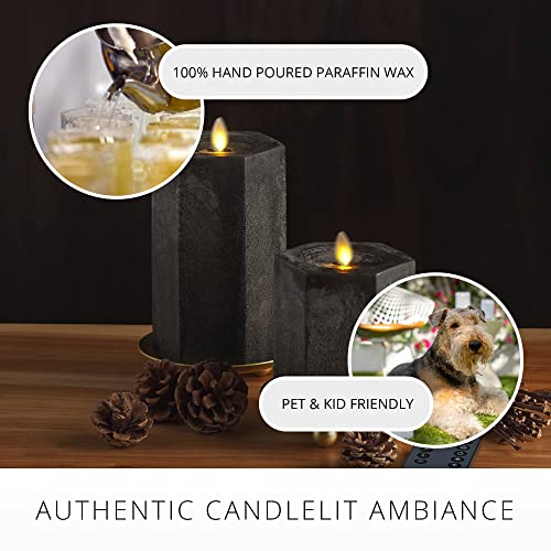 Luminara Set Of 2 Hexagon Flameless Moving Flame Candles (3.5" Width X 4.5" And 6.5" Tall) Unscented Real Wax Pillar, Timer And Remote Included (Black) #TOP4