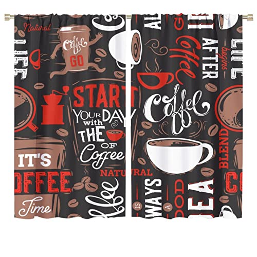 Coffee Blackout Curtains Cute Cartoon Doodle Coffee Teacups Cafe Beans Drink Red Brown Black Vintage Art Design Rod Pocket Window Drape for Coffee Kitchen Bedroom Living Room 55x63in
