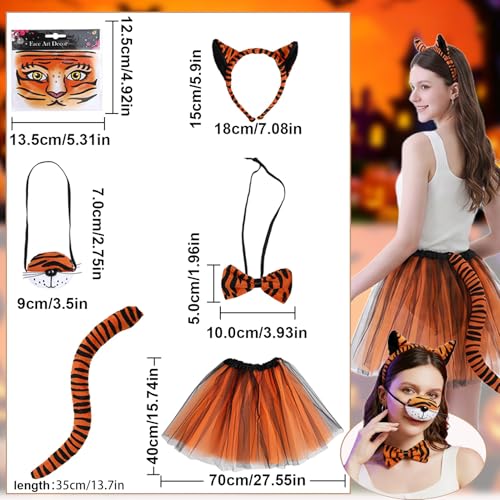 Rotamora 6Pcs Halloween Tiger Costume Set, Animal Costume Tiger Ears Headband Tail Nose Bow Tie Face Sticker Tutu Skirt Fancy Dress Up for Women Men Halloween Cosplay Party Accessories - image 2
