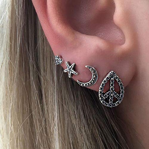 Crysly Boho Love Earring Silver Moon Studded Earrings Star Dainty Earrings Jewelry for Women and Girls(Pack of 4)