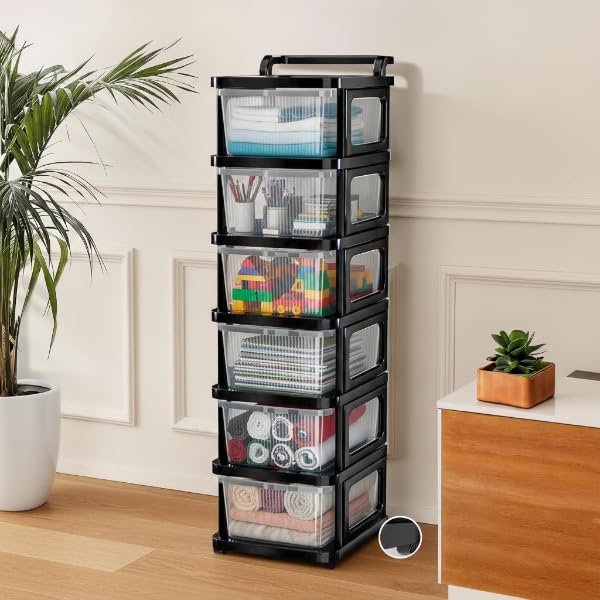 Image of KITCHIVO Heavy Duty Plastic Storage Drawer with Wheels | Modular Cabinet for Bedroom, Office, Home or Classroom| Chest of Drawers Organiser for Cosmetics, Kitchen items, Toys (Transparent, 6)