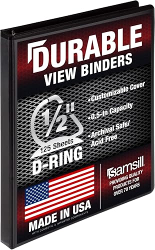 Samsill Durable 0.5 inch 3 Ring Binder D Ring Binder 100% Recycled Chipboard Black