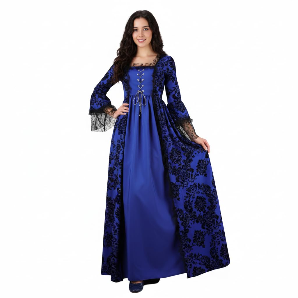 ZNLFS Women's Medieval Victorian Ball Gown Gothic Renaissance Costume Dress with Lace Bell Sleeves Square Neckline Royal Halloween Fancy Dress (Blue, XX-Large)