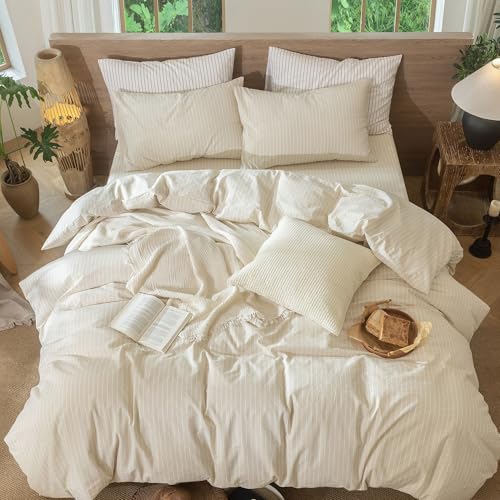 Image of MooMee Striped Duvet Cover Set 100% Washed Cotton Linen Like Oversized King | Relaxed Linen-like Texture. Soft, Breathable & Long-lasting Comfort. Lightweight. Hidden Zipper with 8 Interior Corner Ties