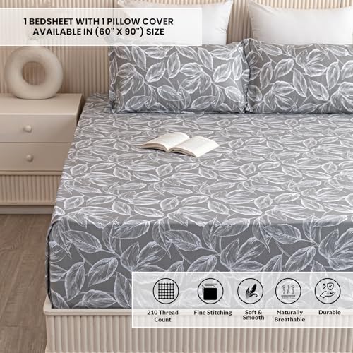 Image of HOMEMONDE Cotton Bedsheet for Single Bed Soft Luxury Leaf Printed 210 TC Flat Sheet with 1 Pillow Cover, Perfect for Home Decor & Gifting - (60 x 90 Inch, Grey)