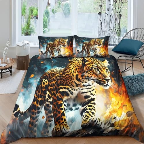 Housse de couette léopard en feu parure de lit 3 pièces 200x200 microfibre bête féroce - 2