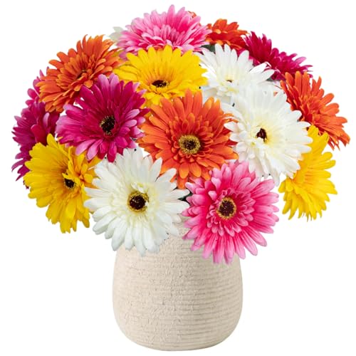 FOUSUKA 20 Pcs Fake Silk Gerbera Daisy Artificial Flowers with Stems Faux Daisies Flower Bulk for DIY Art Crafts Home Wedding Party Vase Centerpieces Tables Garland Wreath Decoration (Multi Color)