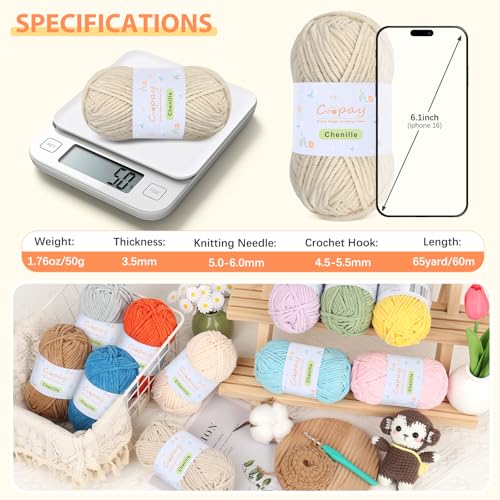 Image of Coopay Chenille Yarn for Crocheting, 8 Pack Medium Weight Yarn - CYC #4 - Total 520yd, Soft Crochet Yarns for Plush Toys, Blankets, Scarves (Khaki)
