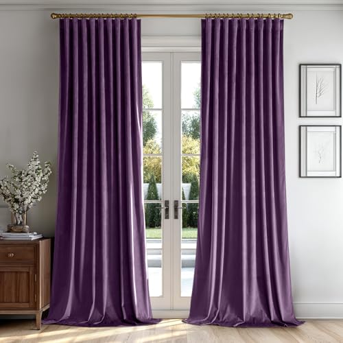 Image of MIULEE Purple Velvet Pinch Pleat Blackout Curtains W52 X L96 Inches