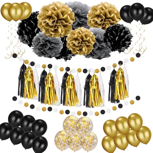 Cotepi Conjunto de decoração de festa, 57 unidades, balões pretos e dourados, bolas de flores de papel, borlas, espiral dourada, flores e balões, para aniversário de Natal carnaval ano novo decoração