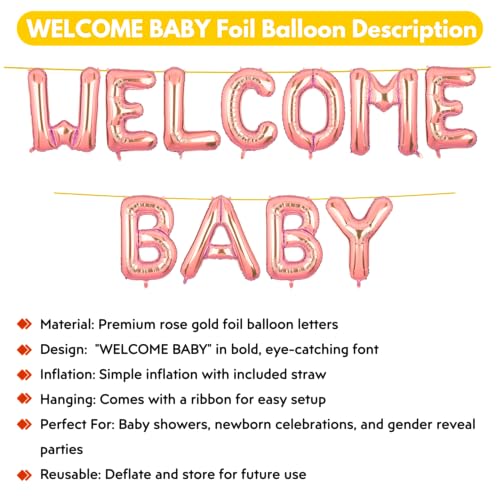 Image of Welcome Baby Banner Rose Gold for Boy Girl Home Foil Balloon Decoration Decor Celebration Rose Golden