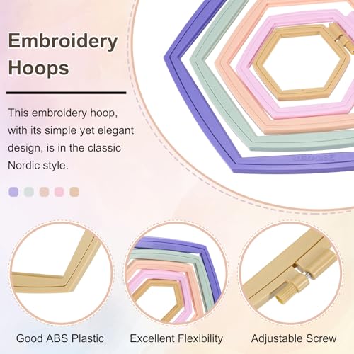 Image of PATIKIL 5 Pieces 5 Sizes Hexagonal Embroidery Hoops, Adjustable Cross Stitch Hoops Ring ABS Plastic Embroidery Frame Punch Needle Hoop for Sewing, Needlework, DIY Craft, Khaki