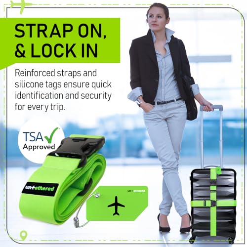 Image of Untethered Ultimate Travel Set: 4 Premium Luggage Straps and 4 Silicone Tags - Secure & Identify Your Bags with Ease (Green + Tags)